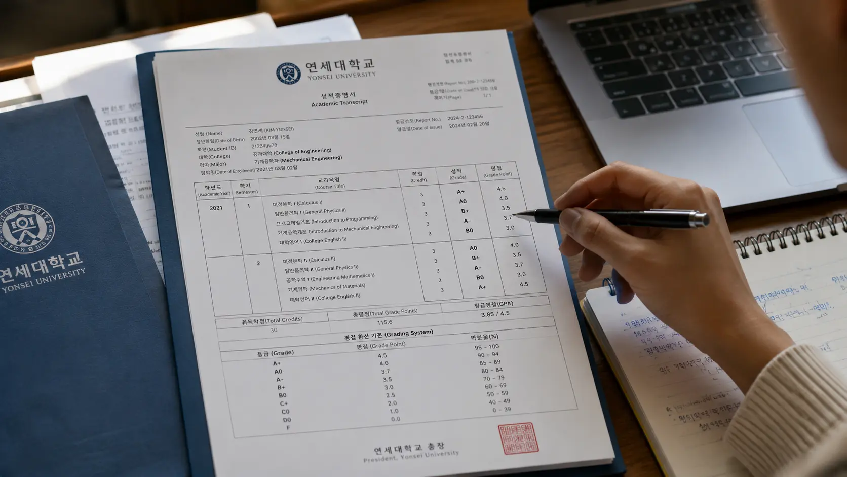 Example Korean university transcript with GPA grading system