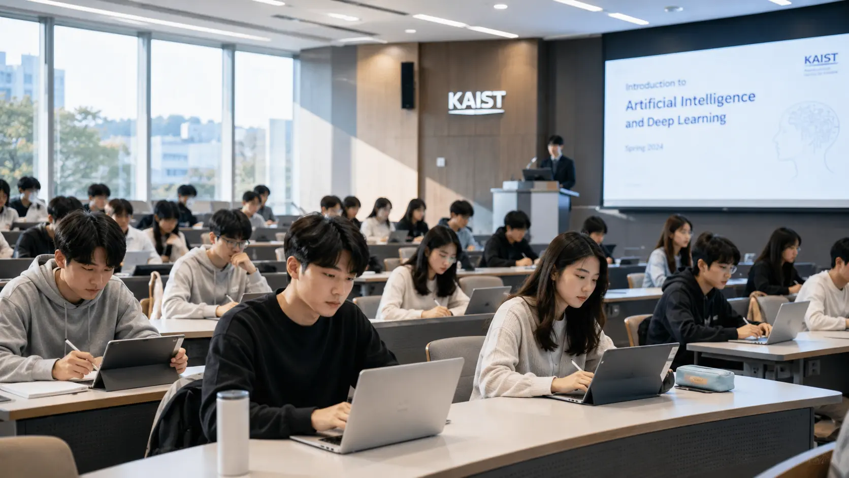 Modern Korean university classroom with engineering and computer science students